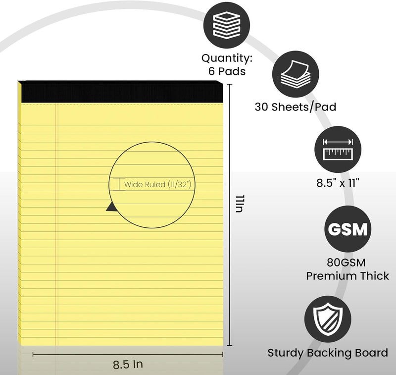 Ciphyfee 6pcs Legal Pads 8.5 x 11,Notepads 8.5 x 11 Inch, 30 Sheets/Pack, Yellow Note Pads Clear Print Writing Pads of Paper, Perforate Wide Ruled Lined with Sturdy Back for Office, Business & School Supplies - Image 2